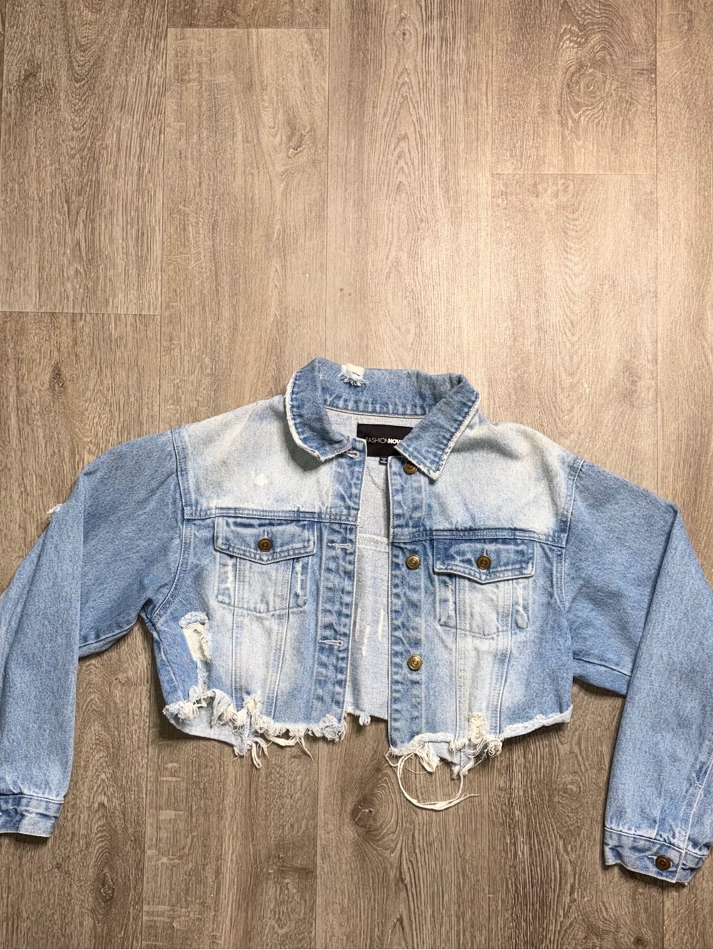 Fashion Nova Light Blue Distressed Cropped Denim Jacket